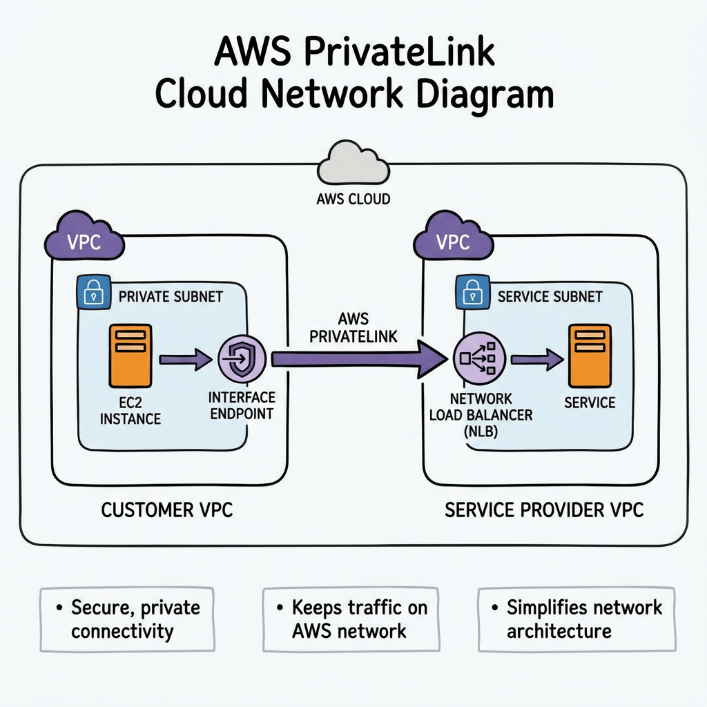 AWS PrivateLink Cloud Network Diagram. AWS Cloud. Customer VPC: Private Subnet, EC2 Instance, Interface Endpoint. AWS PrivateLink. Service Provider VPC: Service Subnet, Network Load Balancer (NLB), Service. Secure, private connectivity. Keeps traffic on AWS network. Simplifies network architecture.