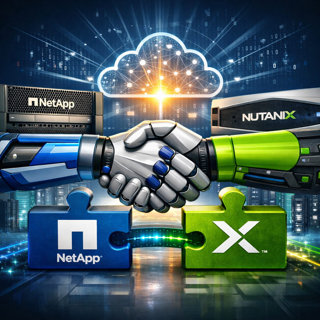 Robotic hands shaking over NetApp and Nutanix puzzle pieces with cloud network illustration