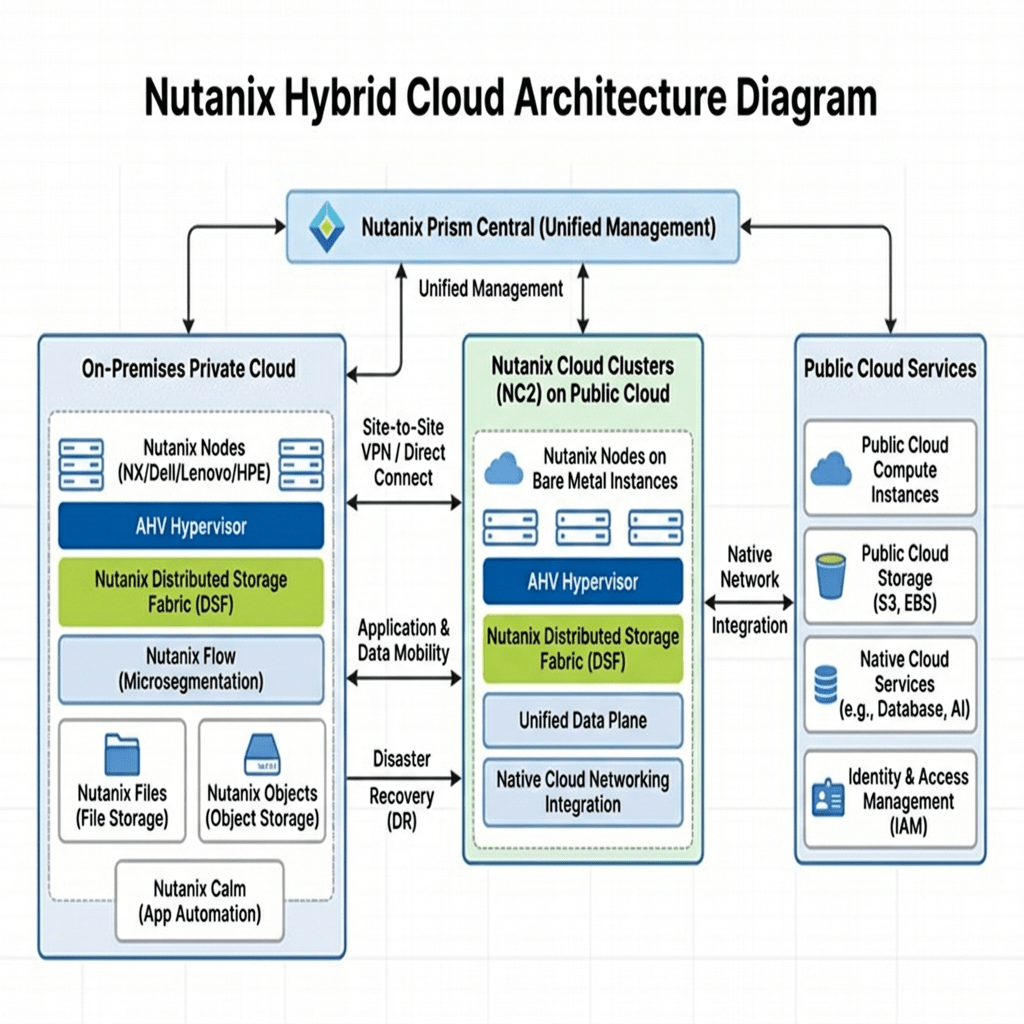 Nutanix Hybrid Cloud Architecture diagram showing interconnections between On-Premises Private Cloud, Nutanix Cloud Clusters on Public Cloud, Public Cloud Services, and Nutanix Prism Central