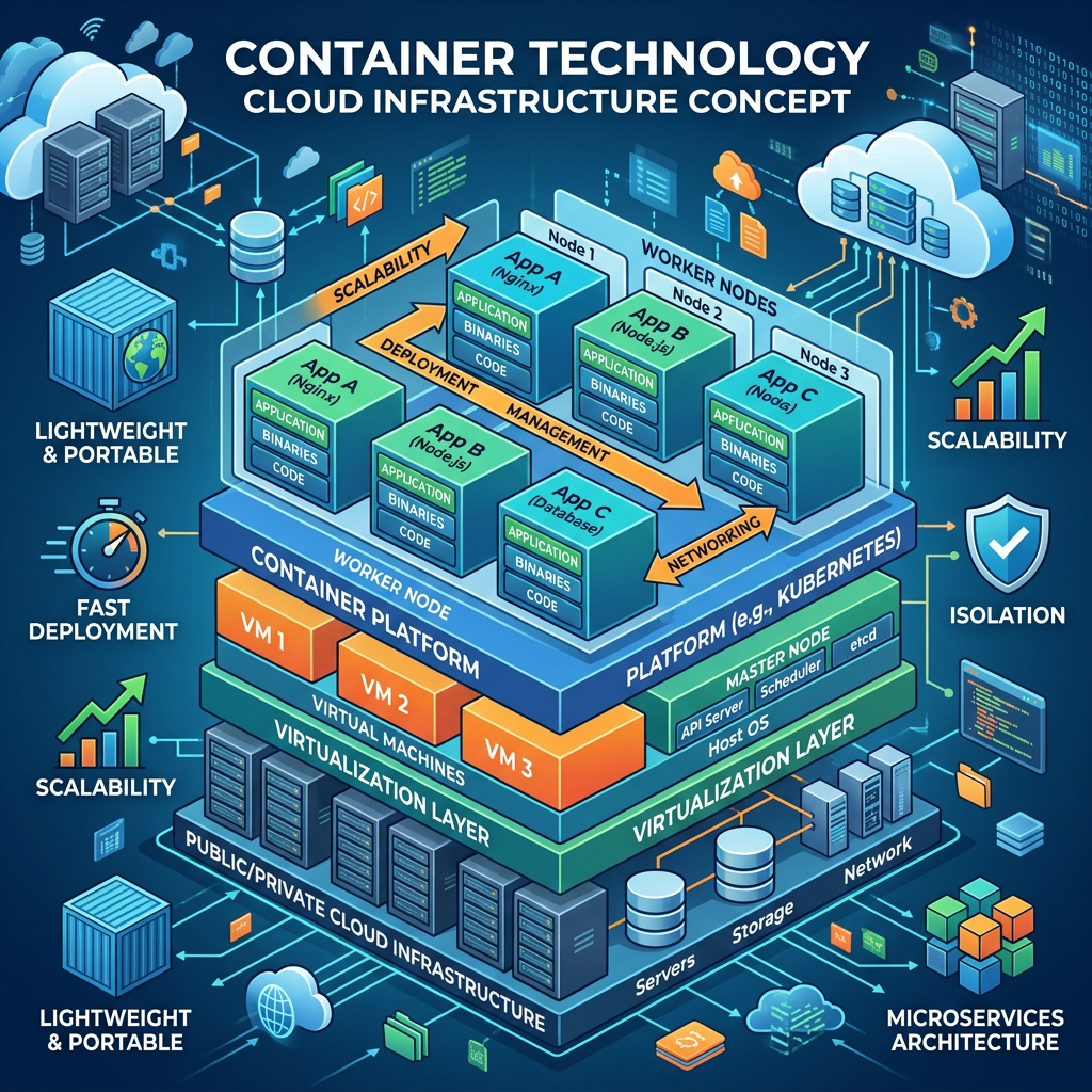 Diagram showing container technology layers including container platform, virtual machines, and public/private cloud infrastructure with apps and worker nodes