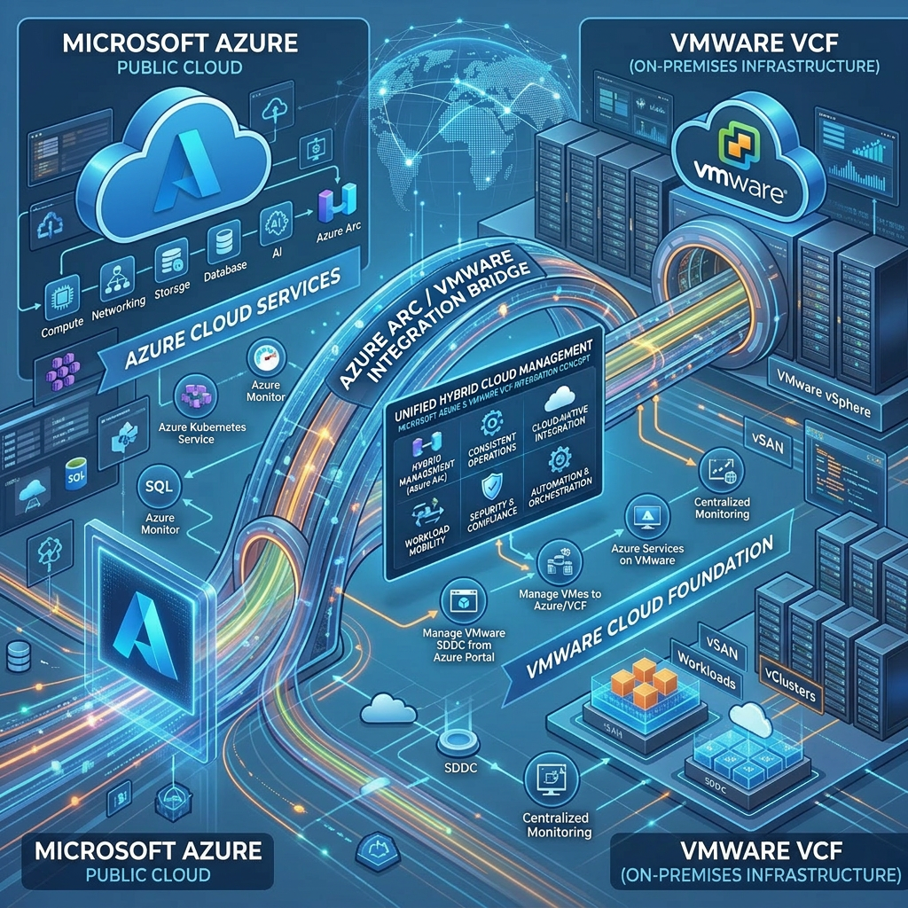 Diagram showing Azure public cloud and VMware on-premises infrastructure connected by Azure Arc VMware integration bridge