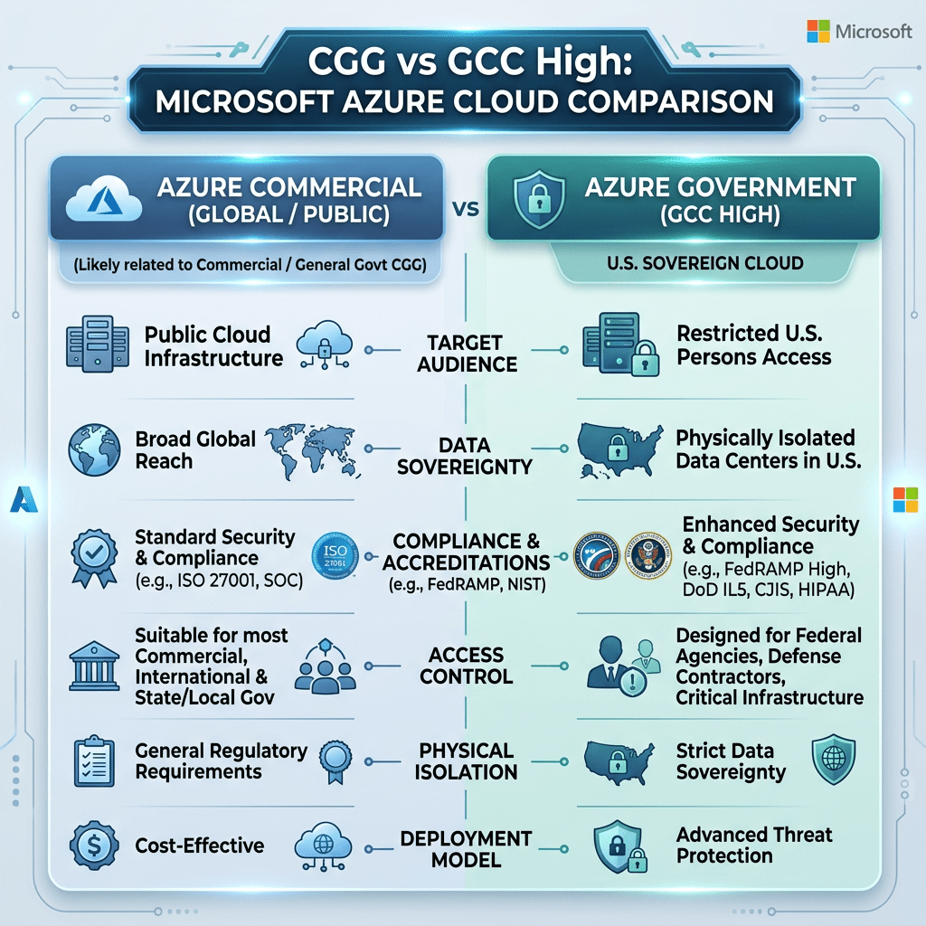 Comparison chart of Azure Commercial versus Azure Government GCC High cloud features and compliance
