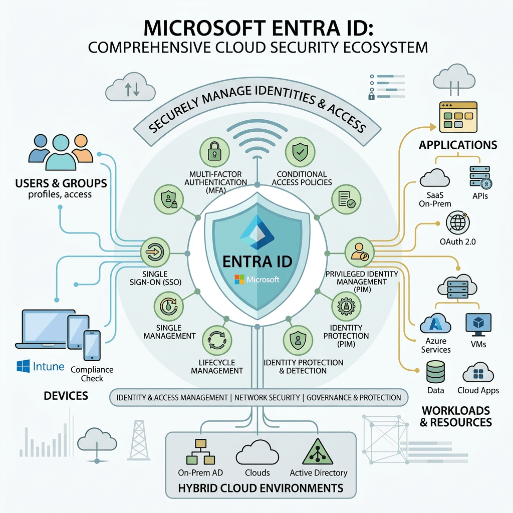 Diagram showing Microsoft Entra ID features like MFA, SSO, PIM, identity protection, and hybrid cloud integrations