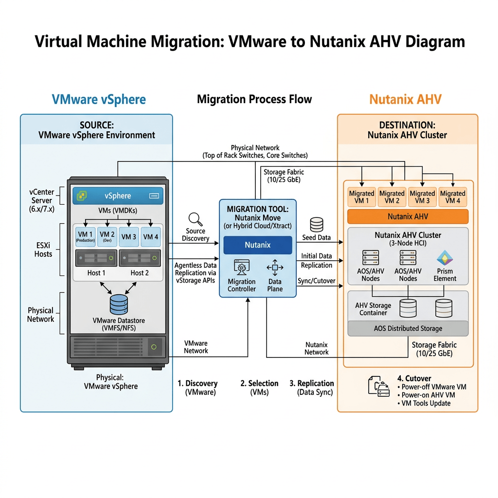 Diagram showing migration process from VMware vSphere environment with VMs on ESXi hosts to Nutanix AHV cluster using Nutanix Move migration tool